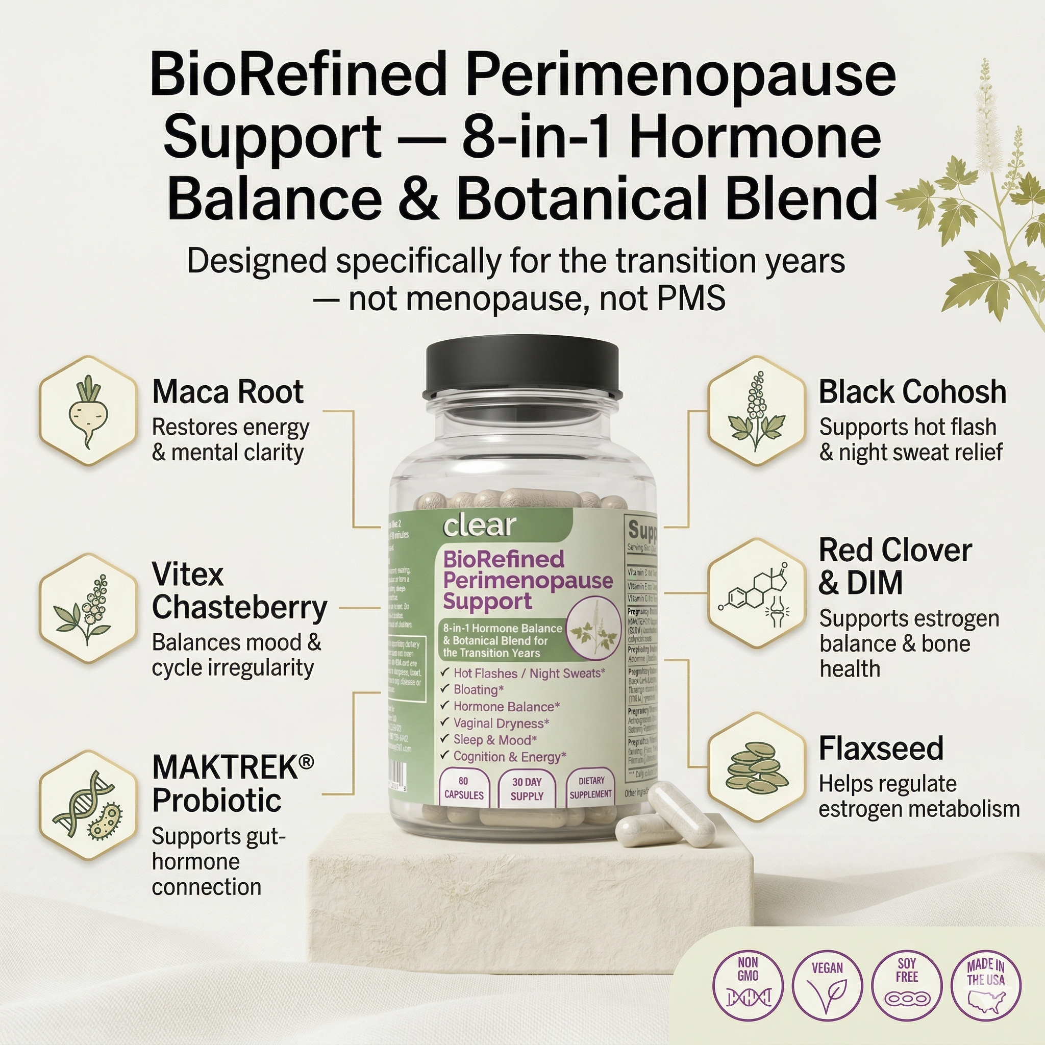 BioRefined Perimenopause Support — 8-in-1 Hormone Balance & Botanical Blend for the Transition Years